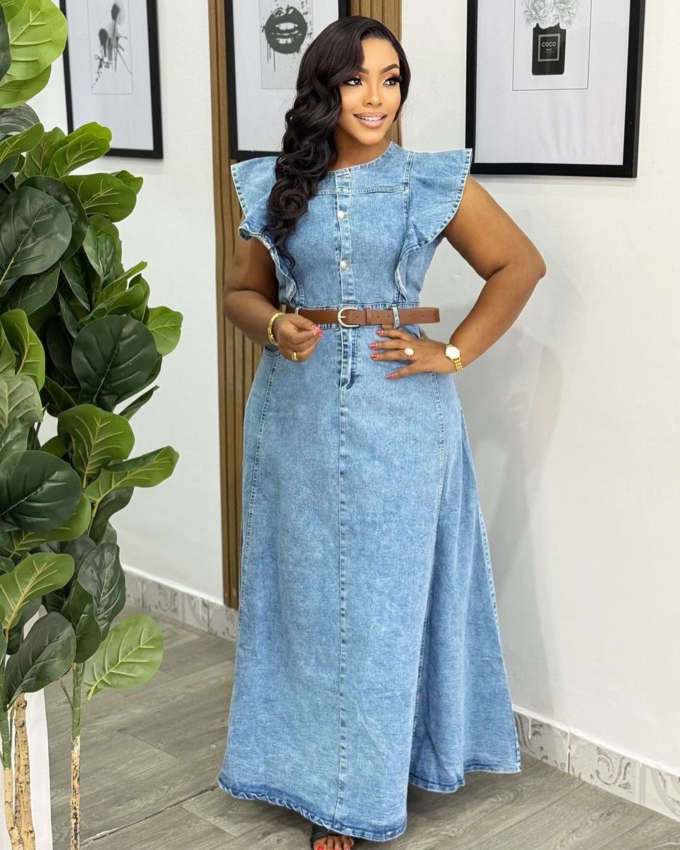 Floor-Length Denim Maxi Dress with Ruffle Sleeves & Belted Waist
