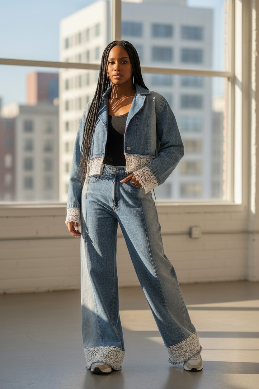 Lace-Trimmed Denim Co-ord Set