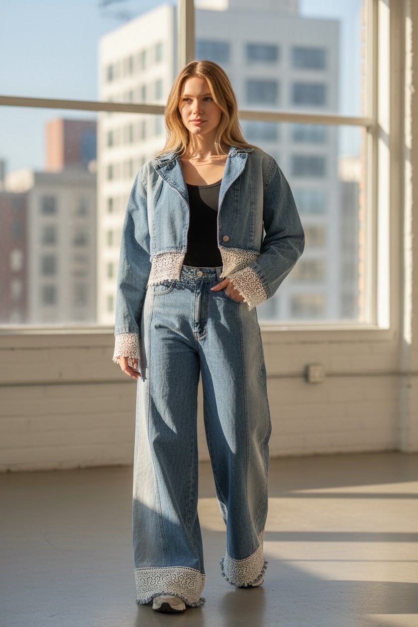 Lace-Trimmed Denim Co-ord Set