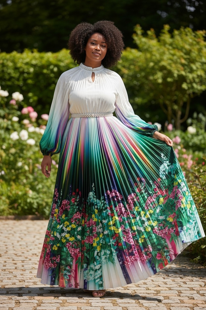 Pleated Ombre Floral Maxi Dress with Pearl Neckline & Balloon Sleeves