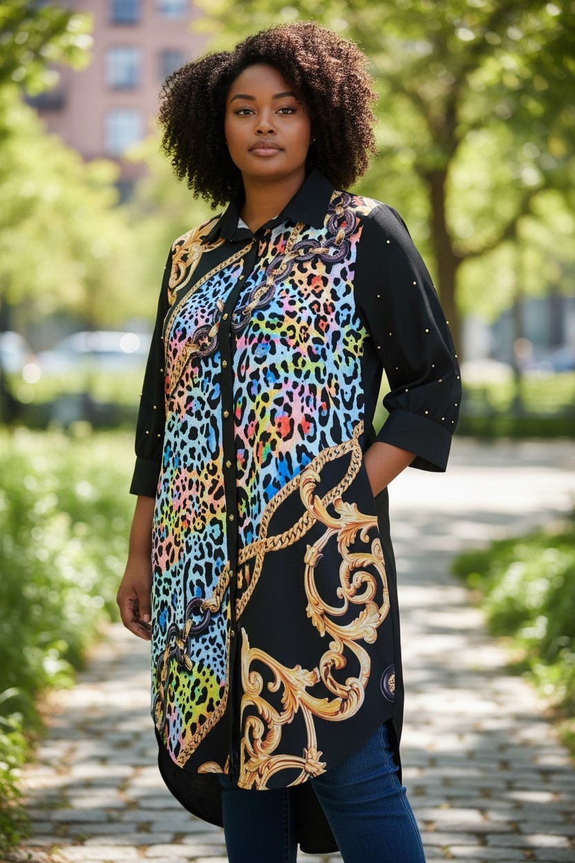 Multi-patterned tunic shirt dress