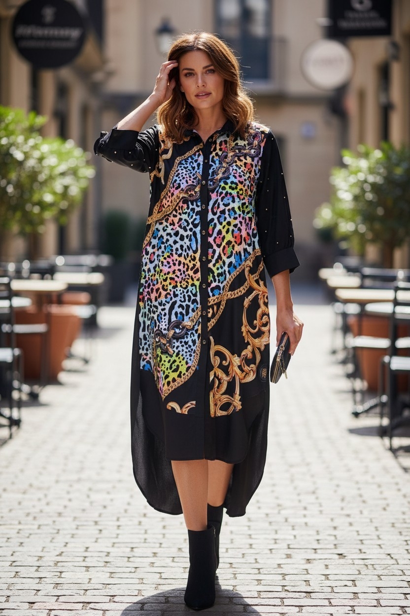 Multi-patterned tunic shirt dress